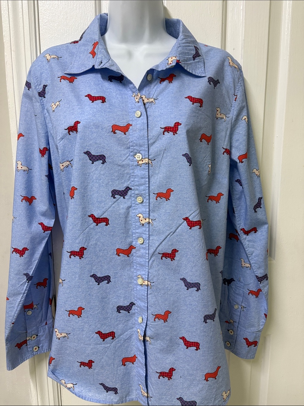 Talbots Light Blue Button-Down Shirt with Dachshund Print
